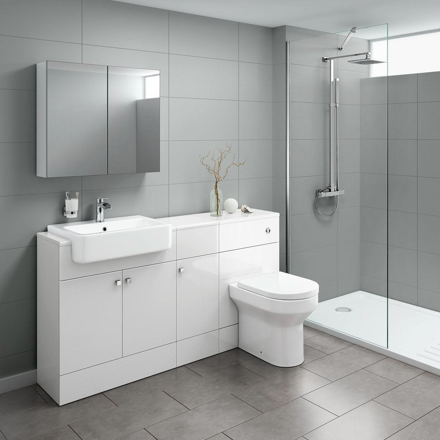 iBathUK Harper Combined Vanity Unit with Back To Wall Toilet, Vanity Unit with Basin, Modern Bathroom Furniture Set with Pan, Gloss White, 1500mm