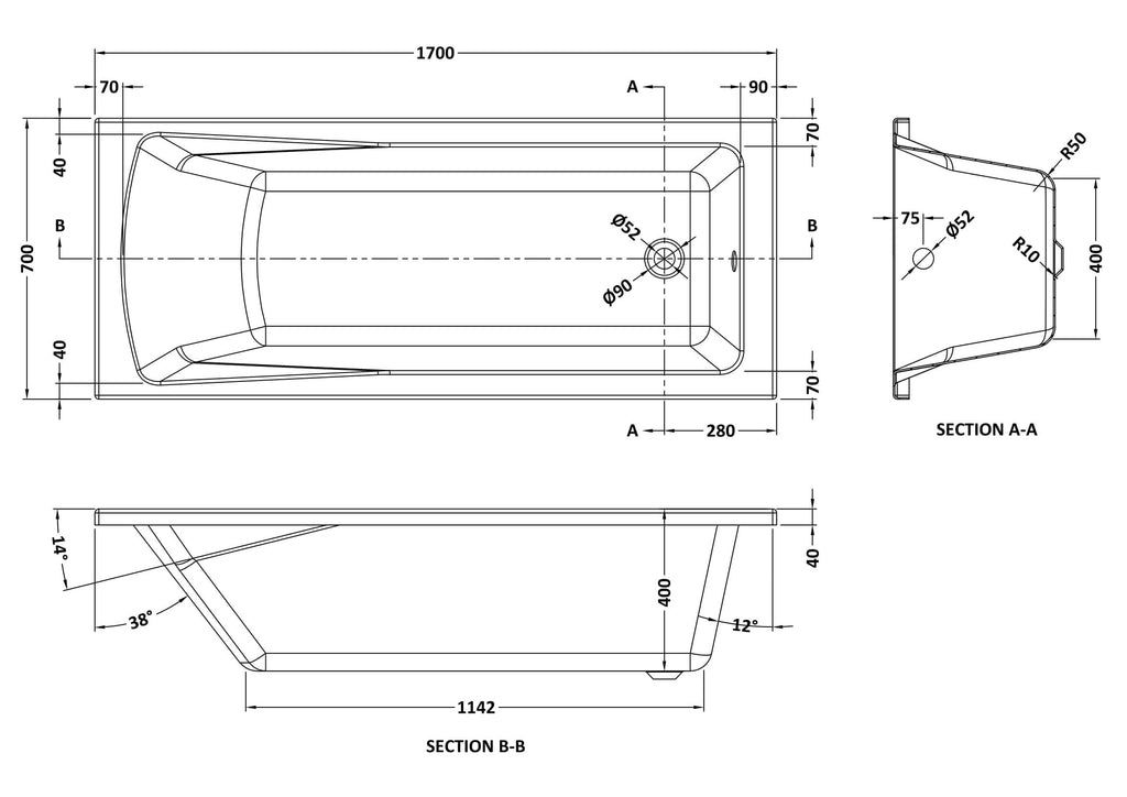 iBathUK Lunex Standard Square Single Ended Bath, Durable Acrylic Bathtub with Modern Straight Edge Design, 1700 x 700mm