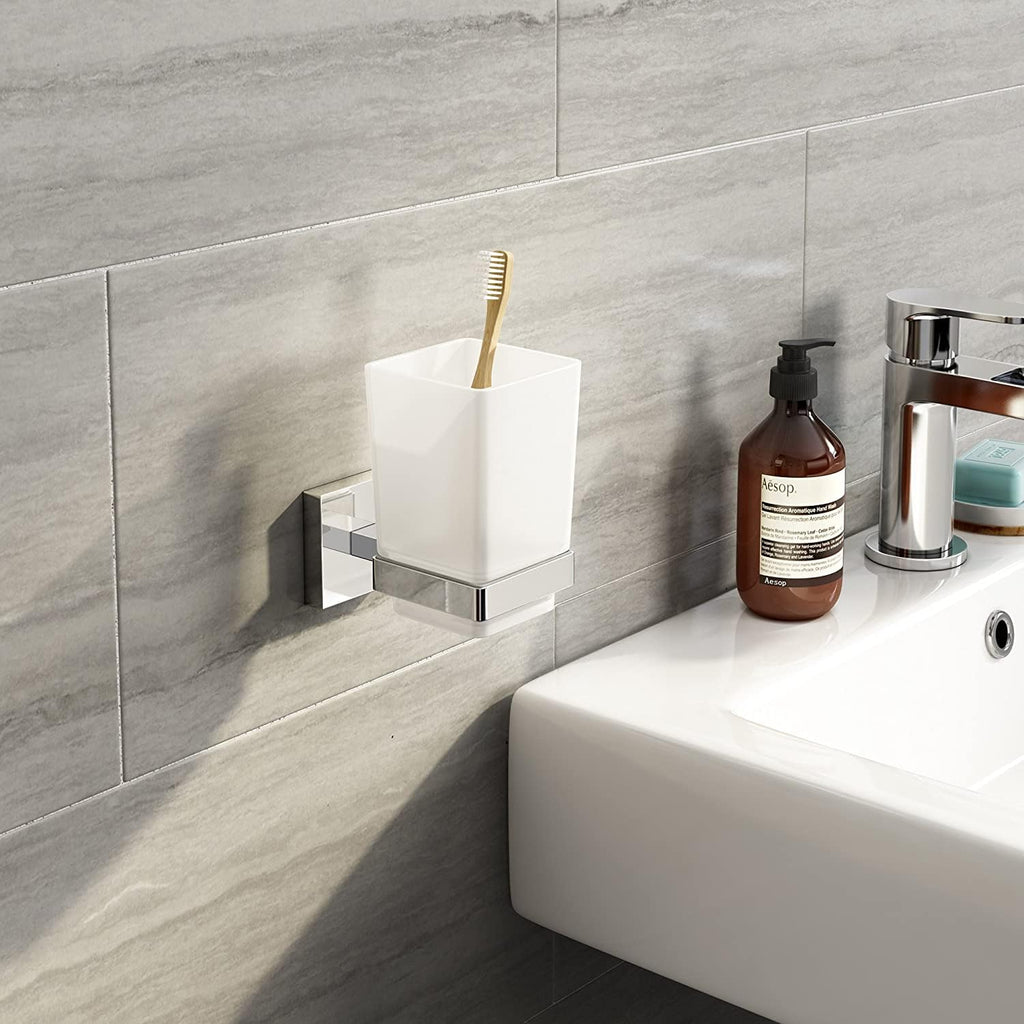 Modern Chrome Toothbrush Holder Wall Mount Tumbler Square Bathroom Accessory