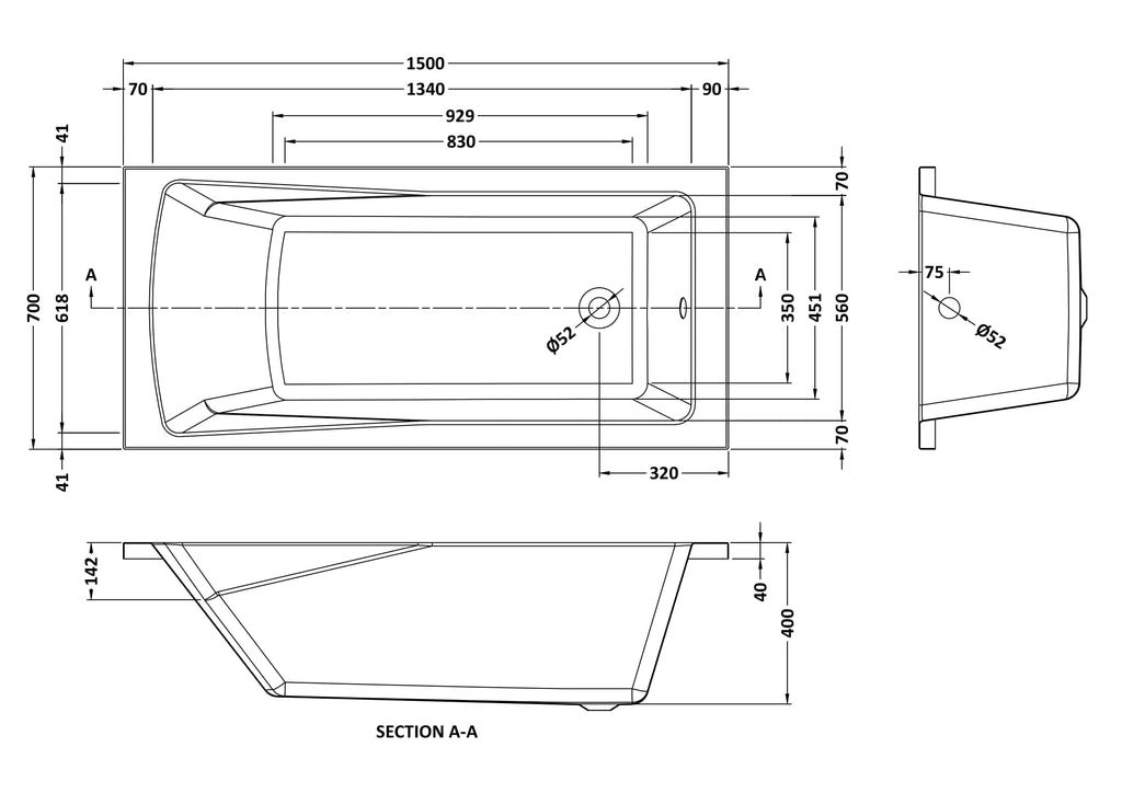 1500mm Small Single Ended Bath Modern Straight White Bathroom Bathtub