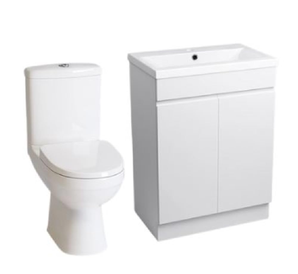 iBathUK Trent Close Coupled Toilet & Vanity Unit with Basin, Gloss White WC Pan, Space-Saving Bathroom Furniture Combo