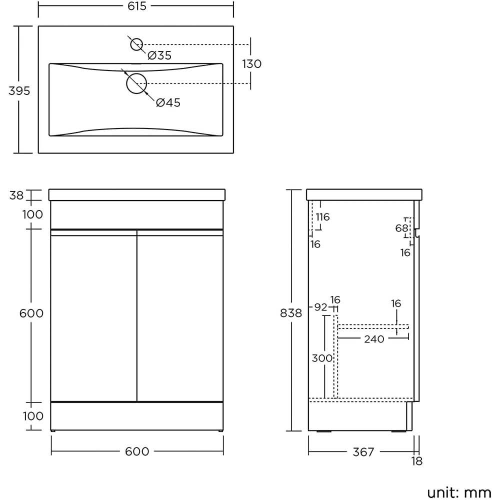 Technical drawing of the iBathUK Trent Close Coupled Toilet & Vanity Unit with Basin, showing front, side, and top views. Gloss white finish. Dimensions in mm: width 600, height 838, sink depth 395 plus internal measurements. Brand: iBathUK.