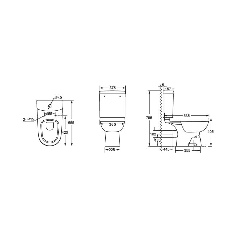 Technical drawing of the iBathUK Trent Close Coupled Toilet & Vanity Unit with Basin, Gloss White WC Pan by iBathUK showing front, side, and top views with detailed millimeter dimensions for height, width, depth, and key feature spacing.