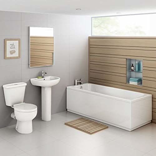 iBathUK Arvon Shower Bath Suite, Straight Bathtub with Full Pedestal Basin & Close Coupled Toilet, Modern 3-Piece Set