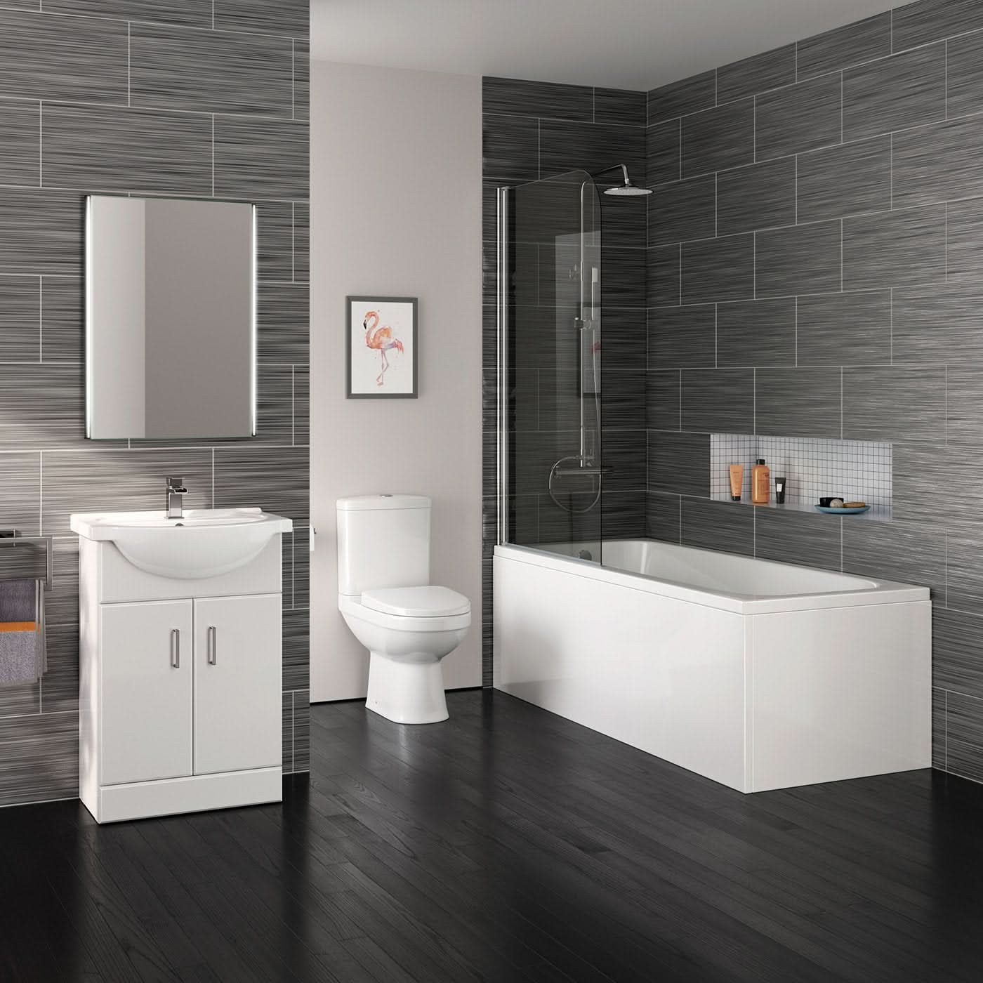iBathUK Arvon Straight Shower Bath, Gloss White Vanity Unit & Close Coupled Toilet, Modern Bathroom Furniture Set, 1700mm