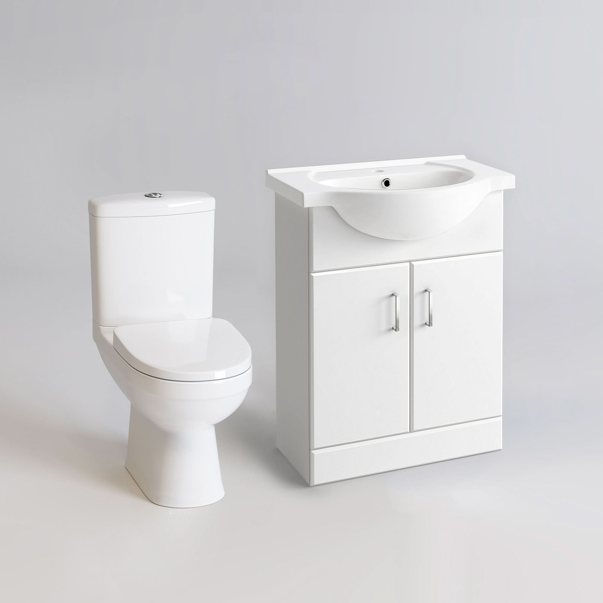 iBathUK Arvon Straight Shower Bath, Gloss White Vanity Unit & Close Coupled Toilet, Modern Bathroom Furniture Set, 1700mm