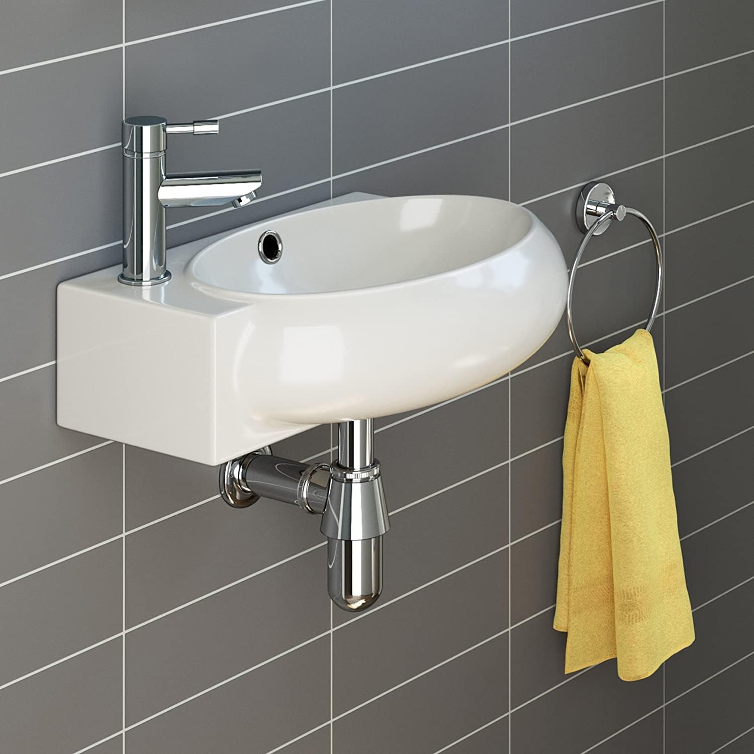 Modern Oval Ceramic Cloakroom Basin Right Hand Bathroom Sink