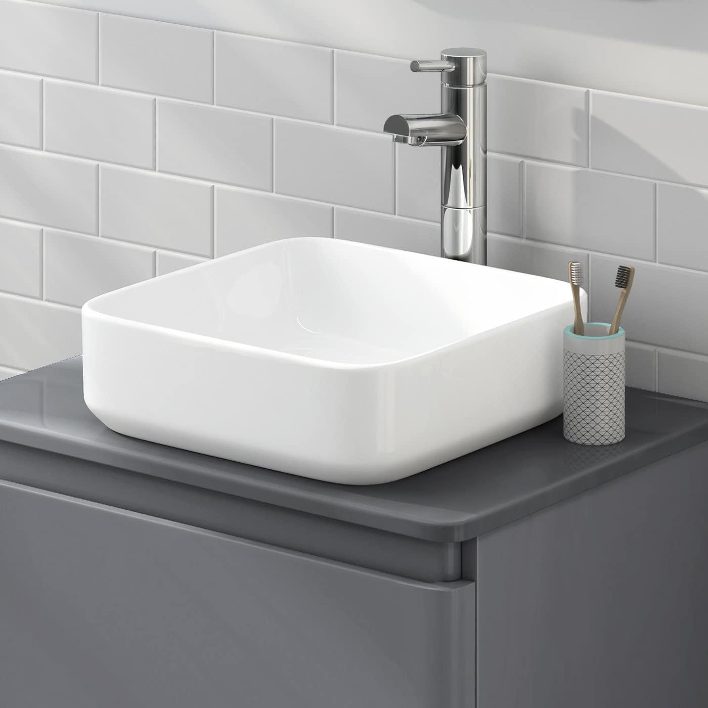 Modern Square White Gloss Countertop Ceramic Wash Basin Sink