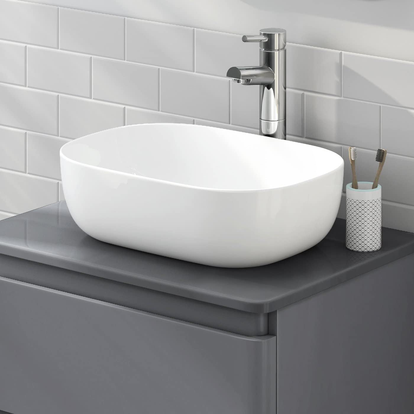 Modern Curved Countertop Sink Wash Basin Gloss White Ceramic