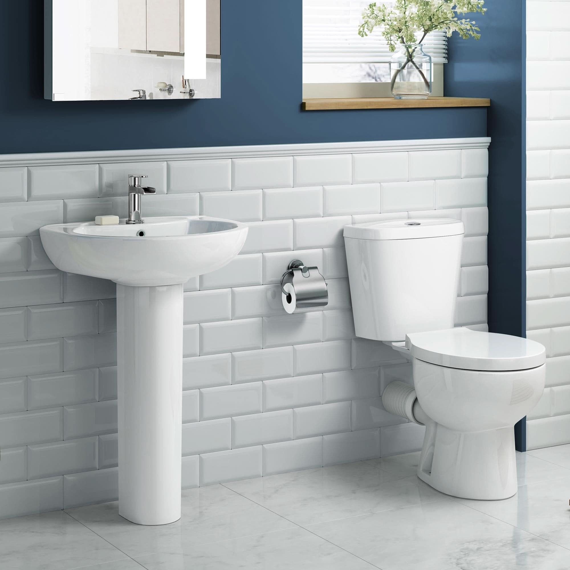 iBathUK Basics Close Coupled Toilet & Round Pedestal Basin, Stylish Complete Bathroom Suites for Contemporary Home