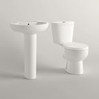 iBathUK Basics Close Coupled Toilet & Round Pedestal Basin, Stylish Complete Bathroom Suites for Contemporary Home
