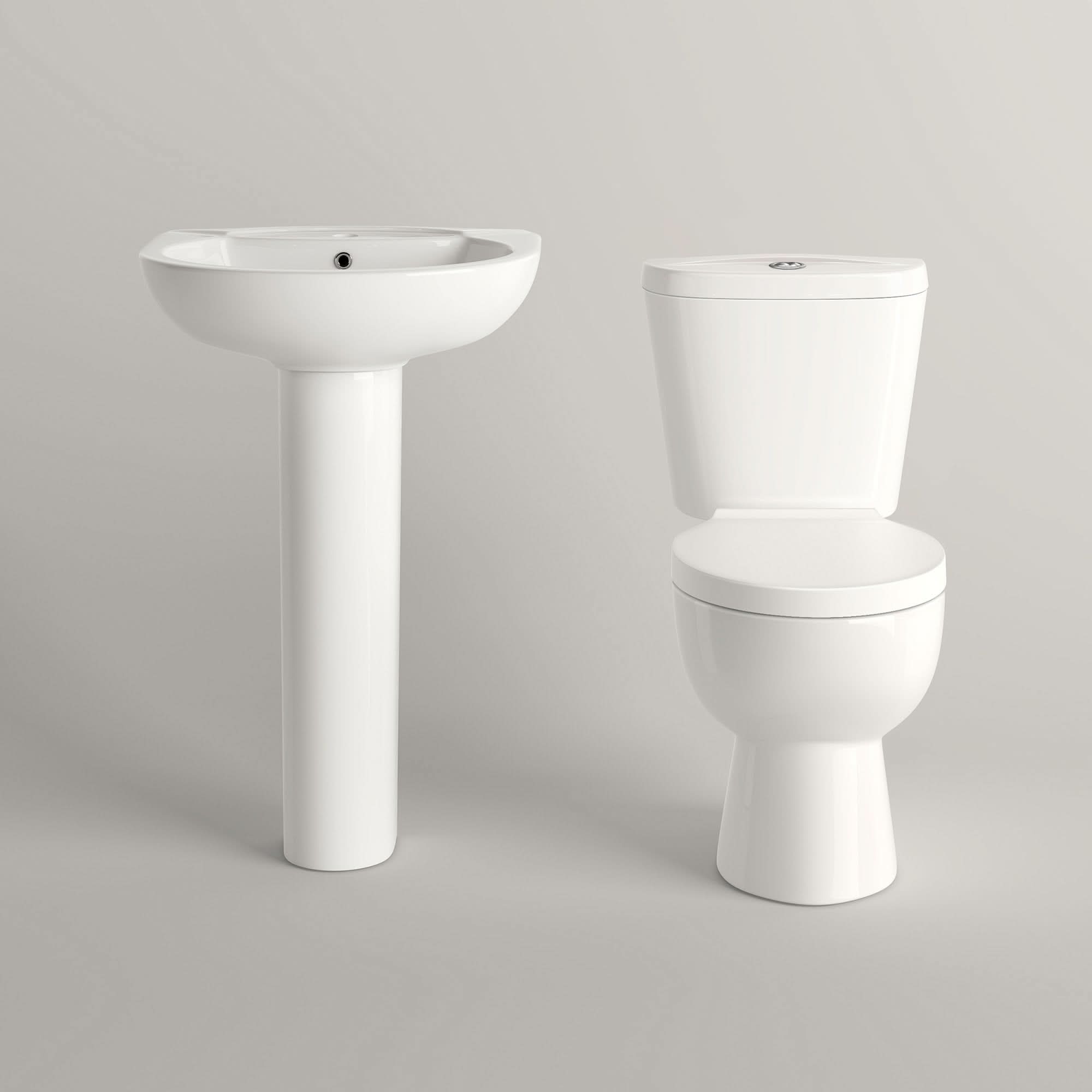 iBathUK Basics Close Coupled Toilet & Round Pedestal Basin, Stylish Complete Bathroom Suites for Contemporary Home