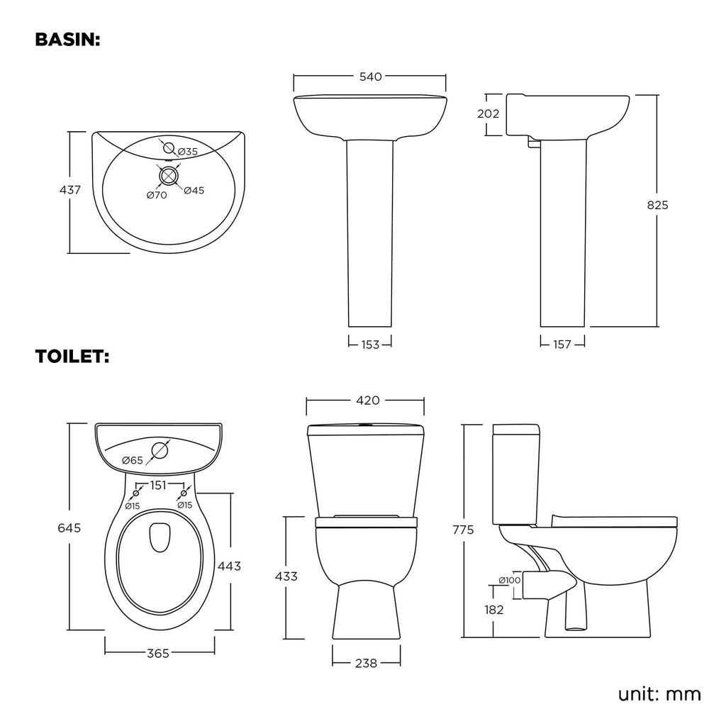 iBathUK Basics Close Coupled Toilet & Round Pedestal Basin, Stylish Complete Bathroom Suites for Contemporary Home