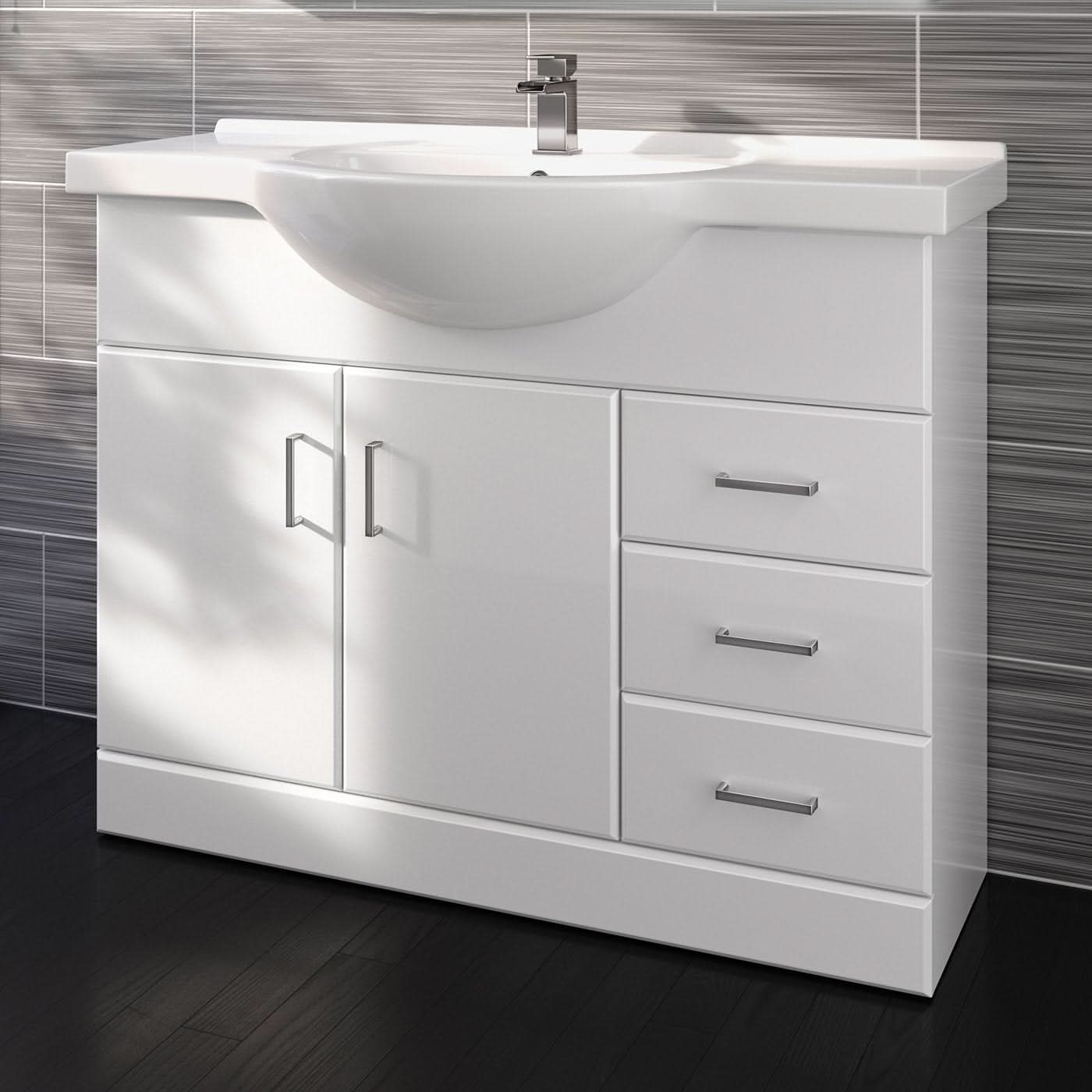 iBathUK Quartz Basin Vanity Unit, Sink Cabinet with Drawers, Modern Bathroom Storage Furniture, Vanity Unit with Basin, White Gloss, 1050mm