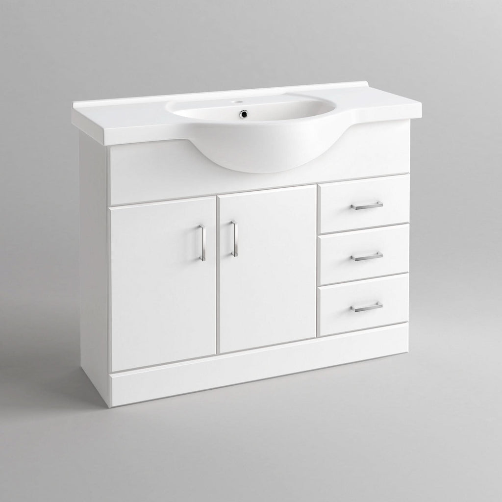iBathUK Quartz Basin Vanity Unit, Sink Cabinet with Drawers, Modern Bathroom Storage Furniture, Vanity Unit with Basin, White Gloss, 1050mm