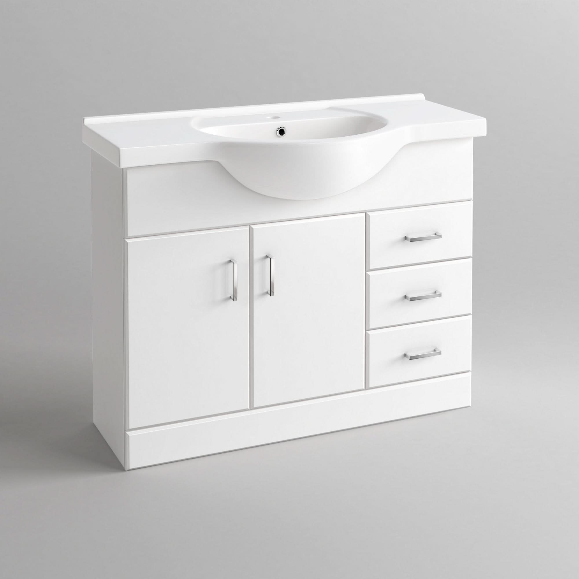 iBathUK Quartz Basin Vanity Unit, Sink Cabinet with Drawers, Modern Bathroom Storage Furniture, Vanity Unit with Basin, White Gloss, 1050mm