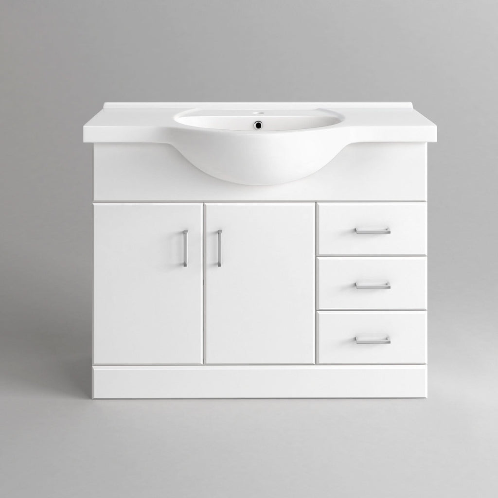 iBathUK Quartz Basin Vanity Unit, Sink Cabinet with Drawers, Modern Bathroom Storage Furniture, Vanity Unit with Basin, White Gloss, 1050mm