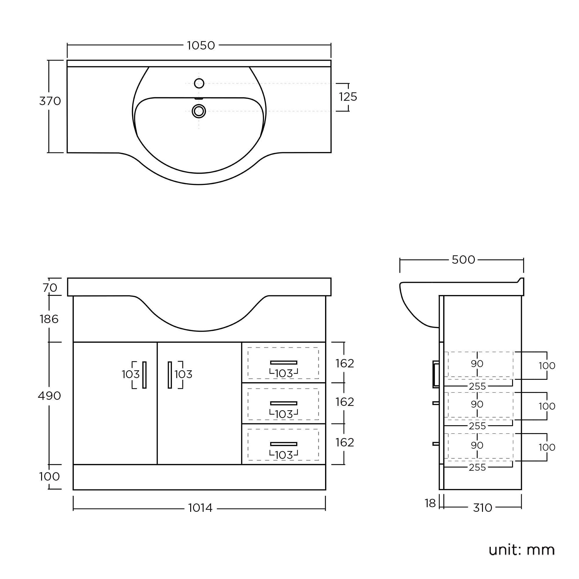 iBathUK Quartz Basin Vanity Unit, Sink Cabinet with Drawers, Modern Bathroom Storage Furniture, Vanity Unit with Basin, White Gloss, 1050mm