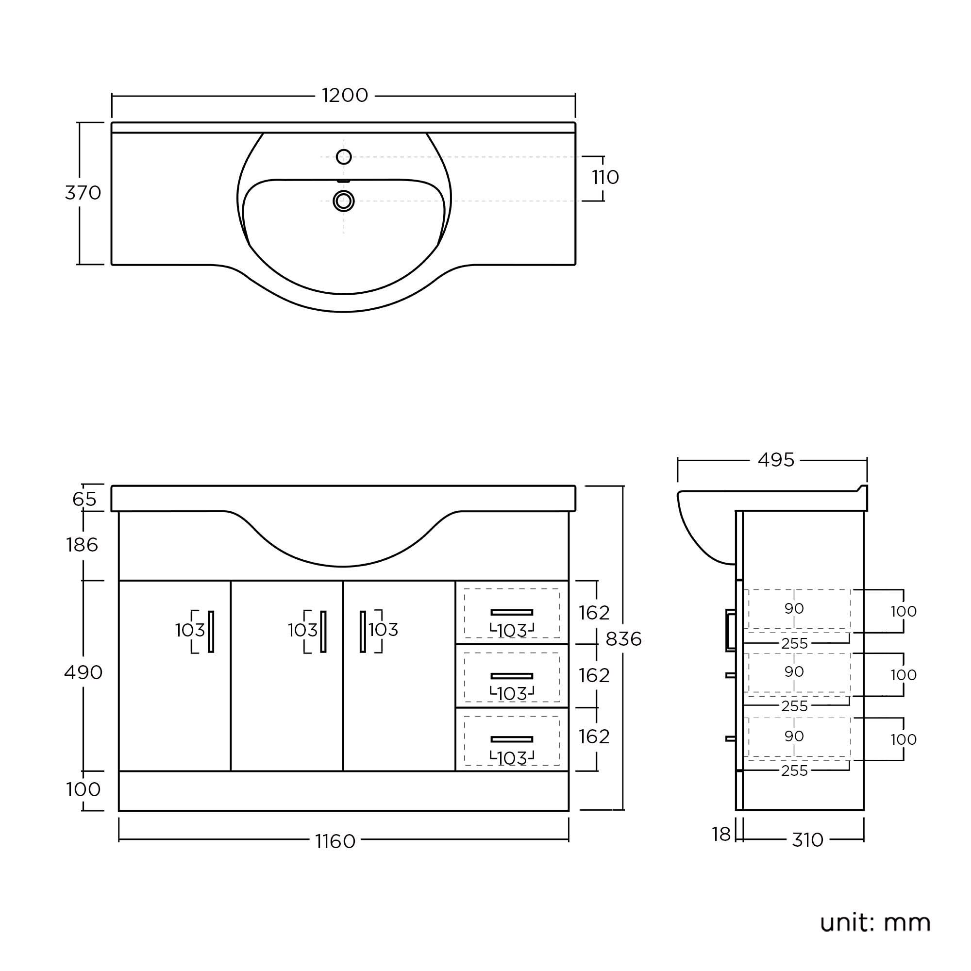 iBathUK Quartz Basin Vanity Unit, Sink Cabinet with Drawers, Modern Bathroom Storage Furniture, Vanity Unit with Basin, White Gloss, 1200mm