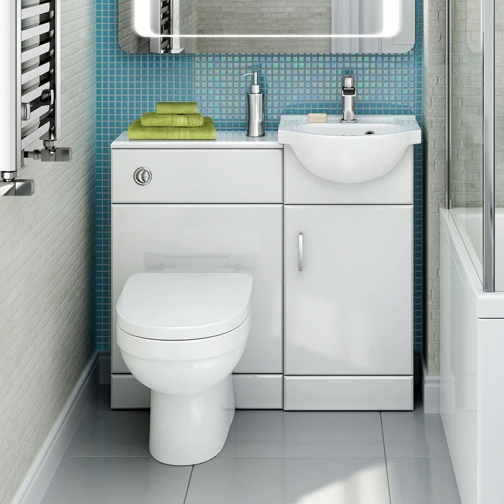 iBathUK Cove Vanity Basin Unit & Back to Wall Toilet Set, Compact Modern Bathroom Furniture Combo, Vanity Unit with Basin, White Gloss, 900mm