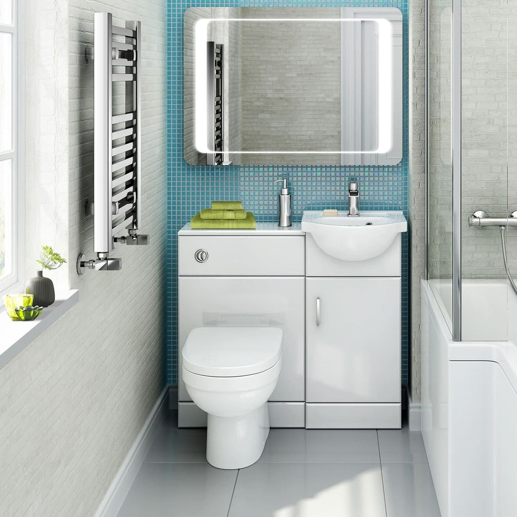 iBathUK Cove Vanity Basin Unit & Back to Wall Toilet Set, Compact Modern Bathroom Furniture Combo, Vanity Unit with Basin, White Gloss, 900mm