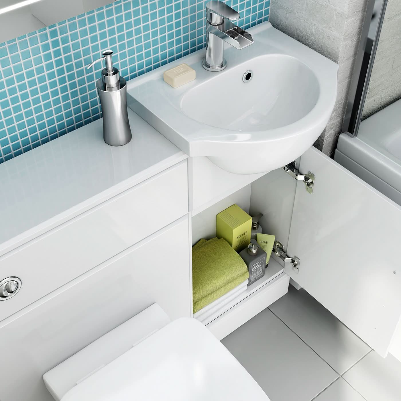 iBathUK Cove Vanity Basin Unit & Back to Wall Toilet Set, Compact Modern Bathroom Furniture Combo, Vanity Unit with Basin, White Gloss, 900mm