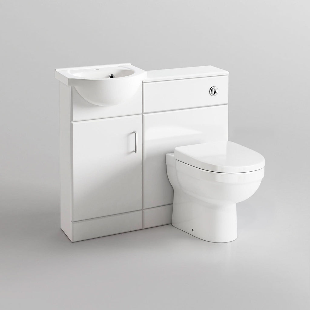 iBathUK Cove Vanity Basin Unit & Back to Wall Toilet Set, Compact Modern Bathroom Furniture Combo, Vanity Unit with Basin, White Gloss, 900mm