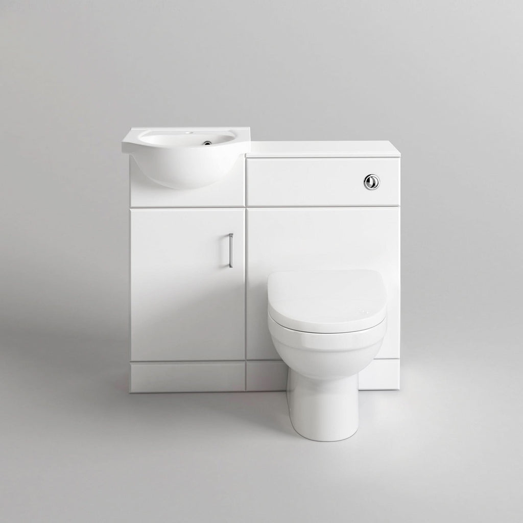 iBathUK Cove Vanity Basin Unit & Back to Wall Toilet Set, Compact Modern Bathroom Furniture Combo, Vanity Unit with Basin, White Gloss, 900mm