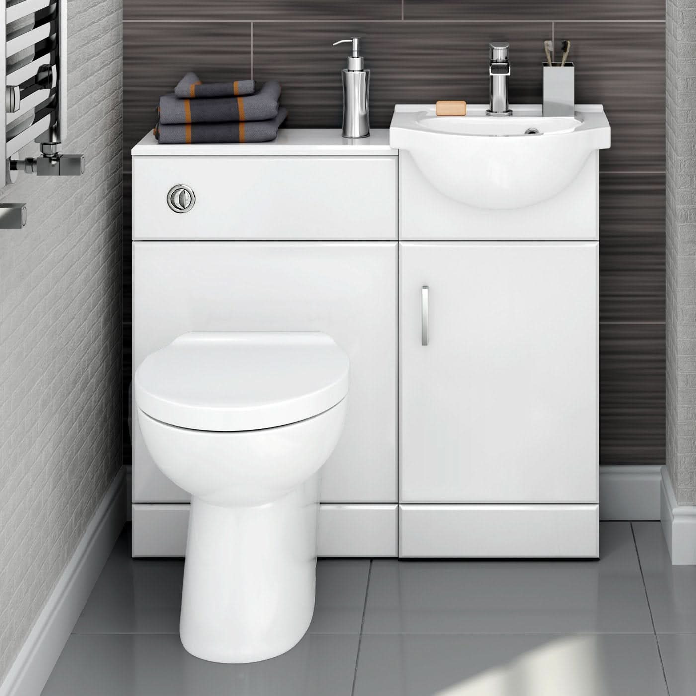 iBathUK Cove Vanity Basin Unit & Back to Wall Toilet Set, Compact Modern Bathroom Furniture Combo, Vanity Unit with Basin, White Gloss, 900mm