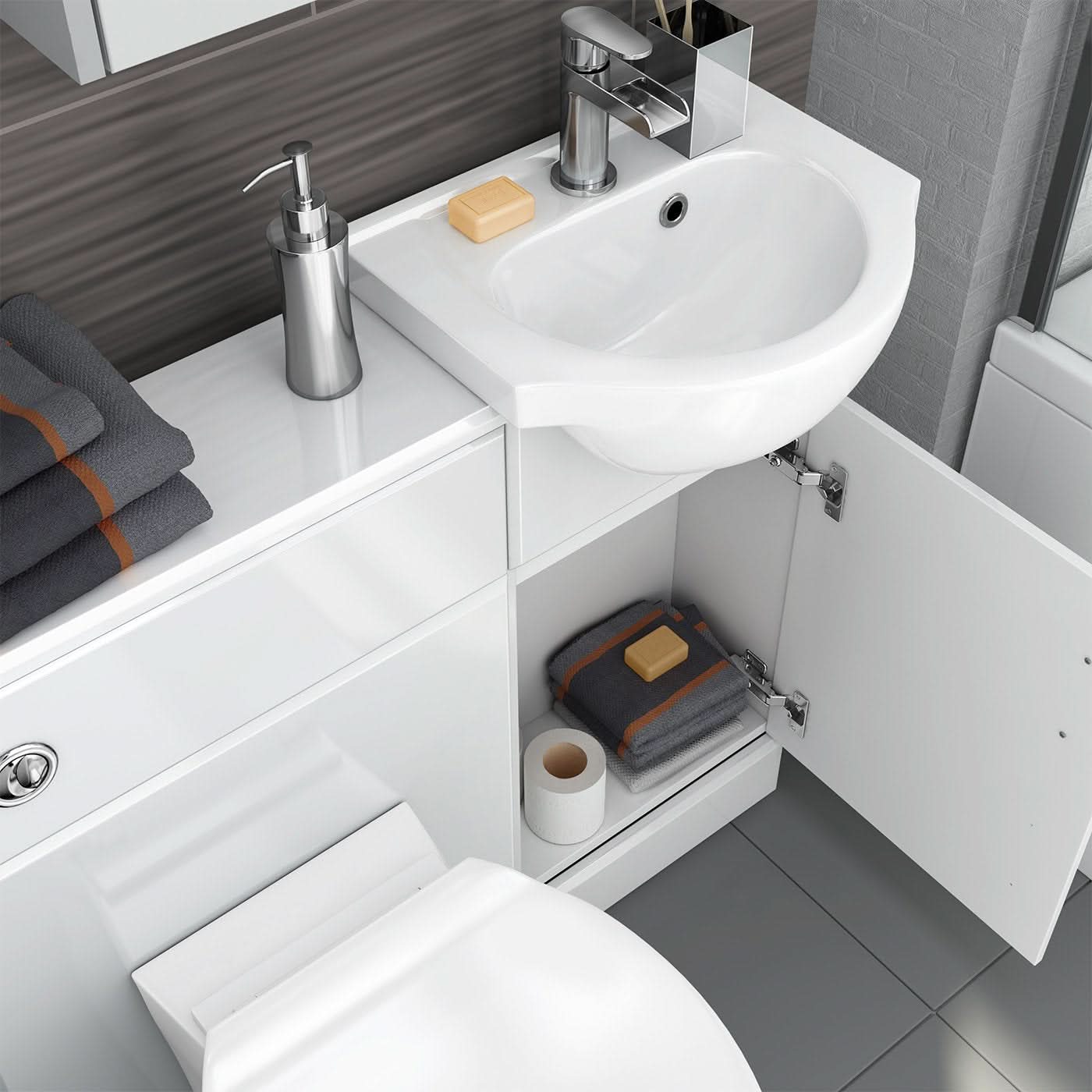 iBathUK Cove Vanity Basin Unit & Back to Wall Toilet Set, Compact Modern Bathroom Furniture Combo, Vanity Unit with Basin, White Gloss, 900mm