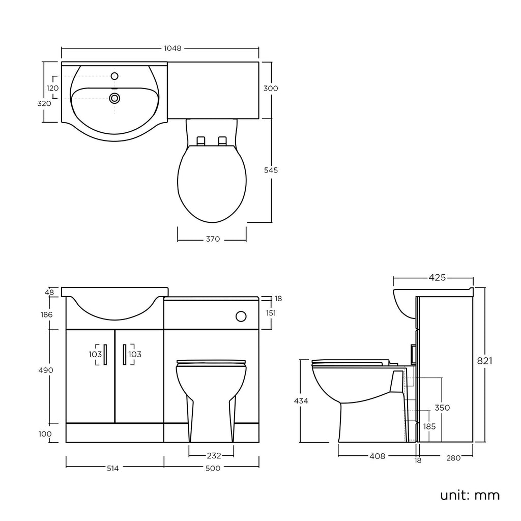 Quartz - 1048 mm White Gloss Vanity Unit Round Toilet Bathroom Sink Storage Furniture
