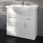 iBathUK Quartz Basin Vanity Unit, Bathroom Sink Cabinet with Storage, Modern Space-Saving Furniture, Vanity Unit with Basin, White Gloss, 850mm