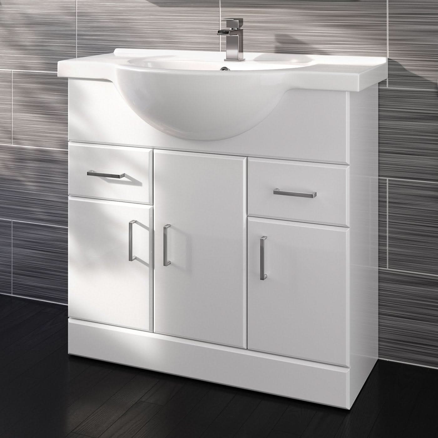 iBathUK Quartz Basin Vanity Unit, Bathroom Sink Cabinet with Storage, Modern Space-Saving Furniture, Vanity Unit with Basin, White Gloss, 850mm