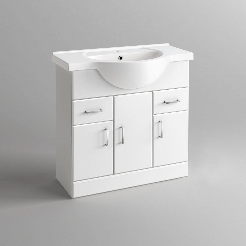 iBathUK Quartz Basin Vanity Unit, Bathroom Sink Cabinet with Storage, Modern Space-Saving Furniture, Vanity Unit with Basin, White Gloss, 850mm
