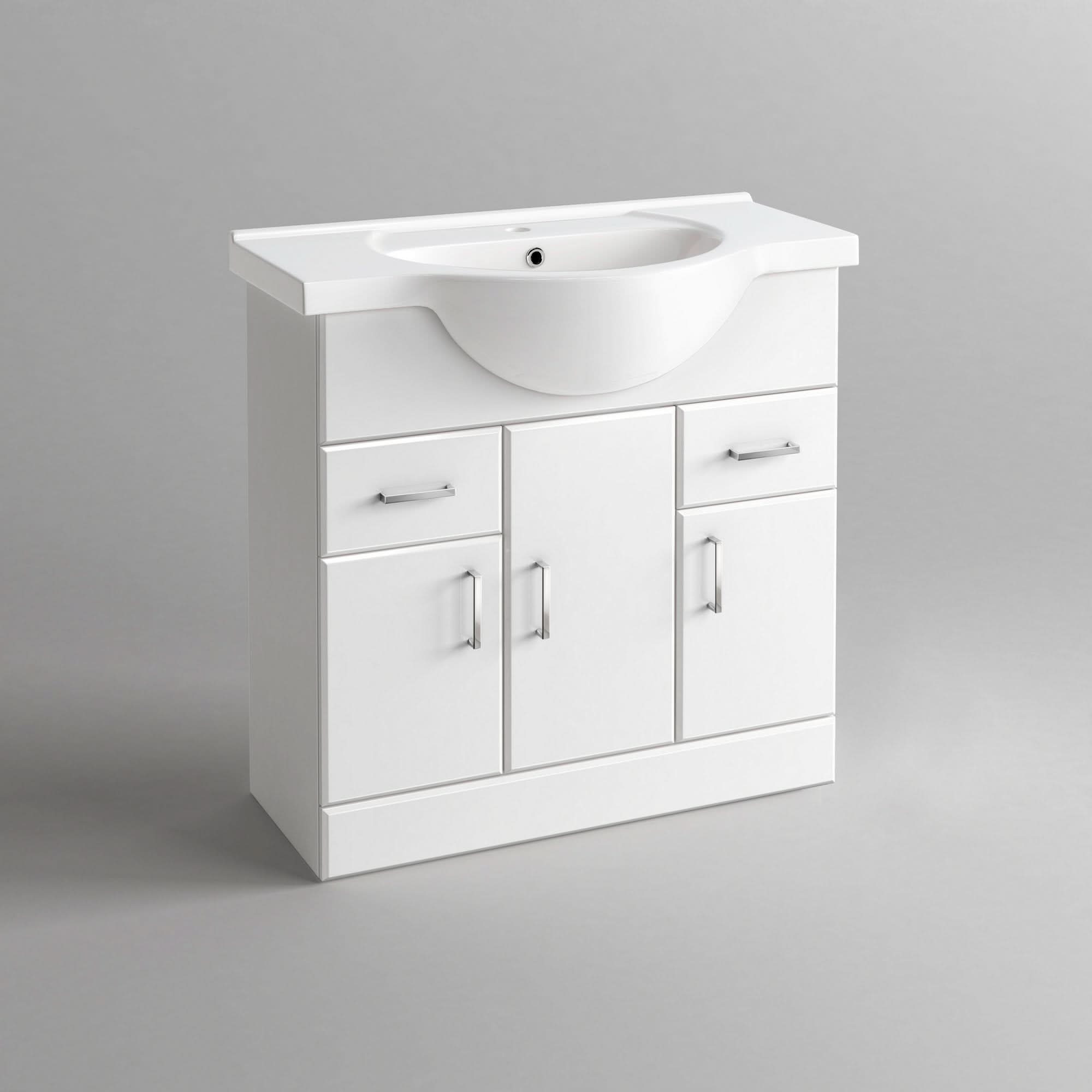 iBathUK Quartz Basin Vanity Unit, Bathroom Sink Cabinet with Storage, Modern Space-Saving Furniture, Vanity Unit with Basin, White Gloss, 850mm