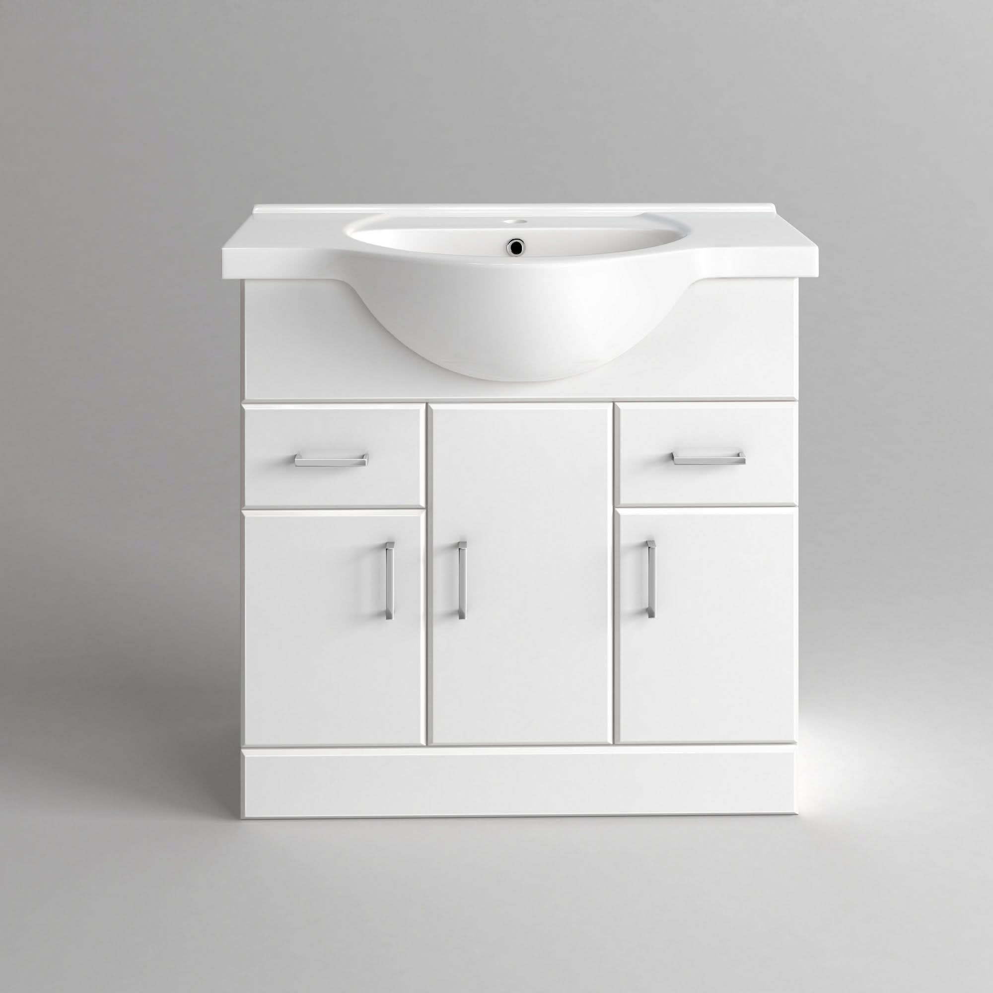 iBathUK Quartz Basin Vanity Unit, Bathroom Sink Cabinet with Storage, Modern Space-Saving Furniture, Vanity Unit with Basin, White Gloss, 850mm
