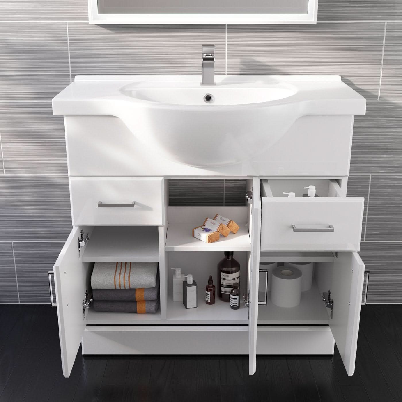 iBathUK Quartz Basin Vanity Unit, Bathroom Sink Cabinet with Storage, Modern Space-Saving Furniture, Vanity Unit with Basin, White Gloss, 850mm