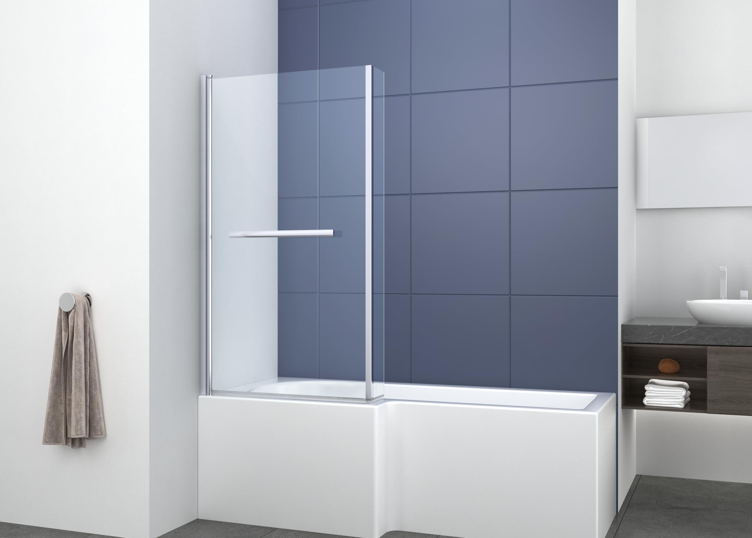 805 x 1400mm Bathroom L Shape Bath Shower Glass Screen with Towel Rail