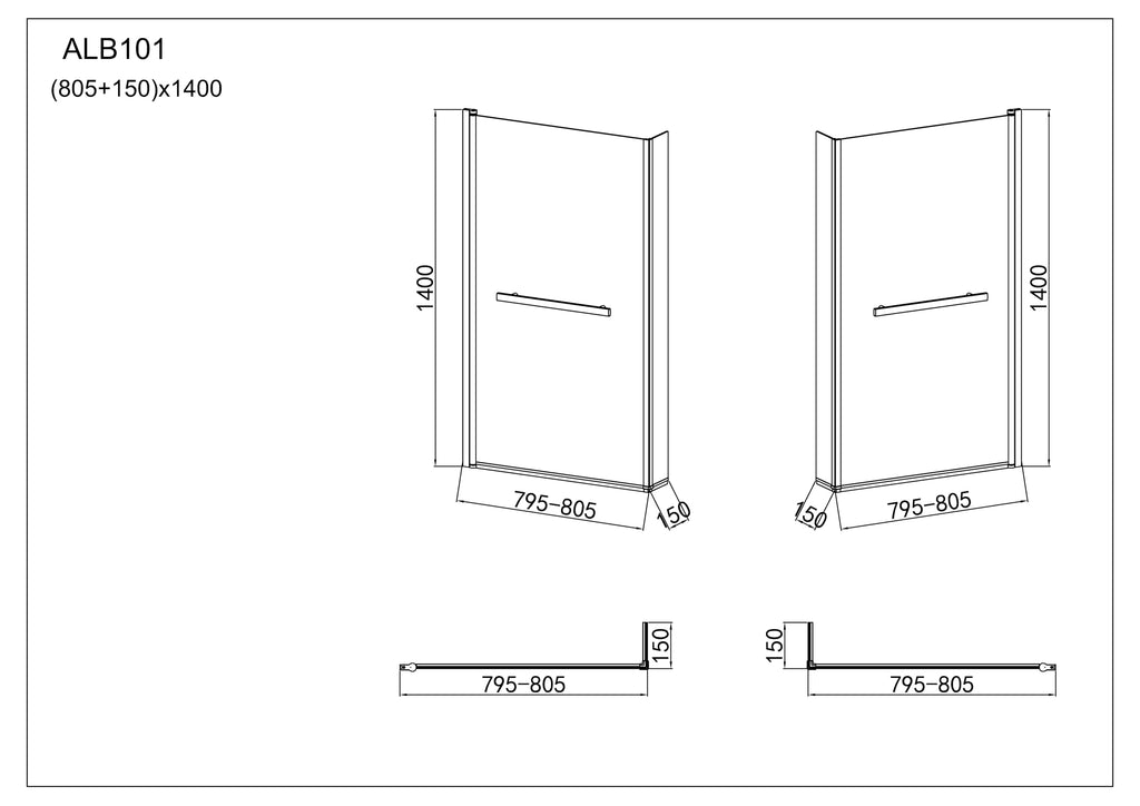 805 x 1400mm Bathroom L Shape Bath Shower Glass Screen with Towel Rail