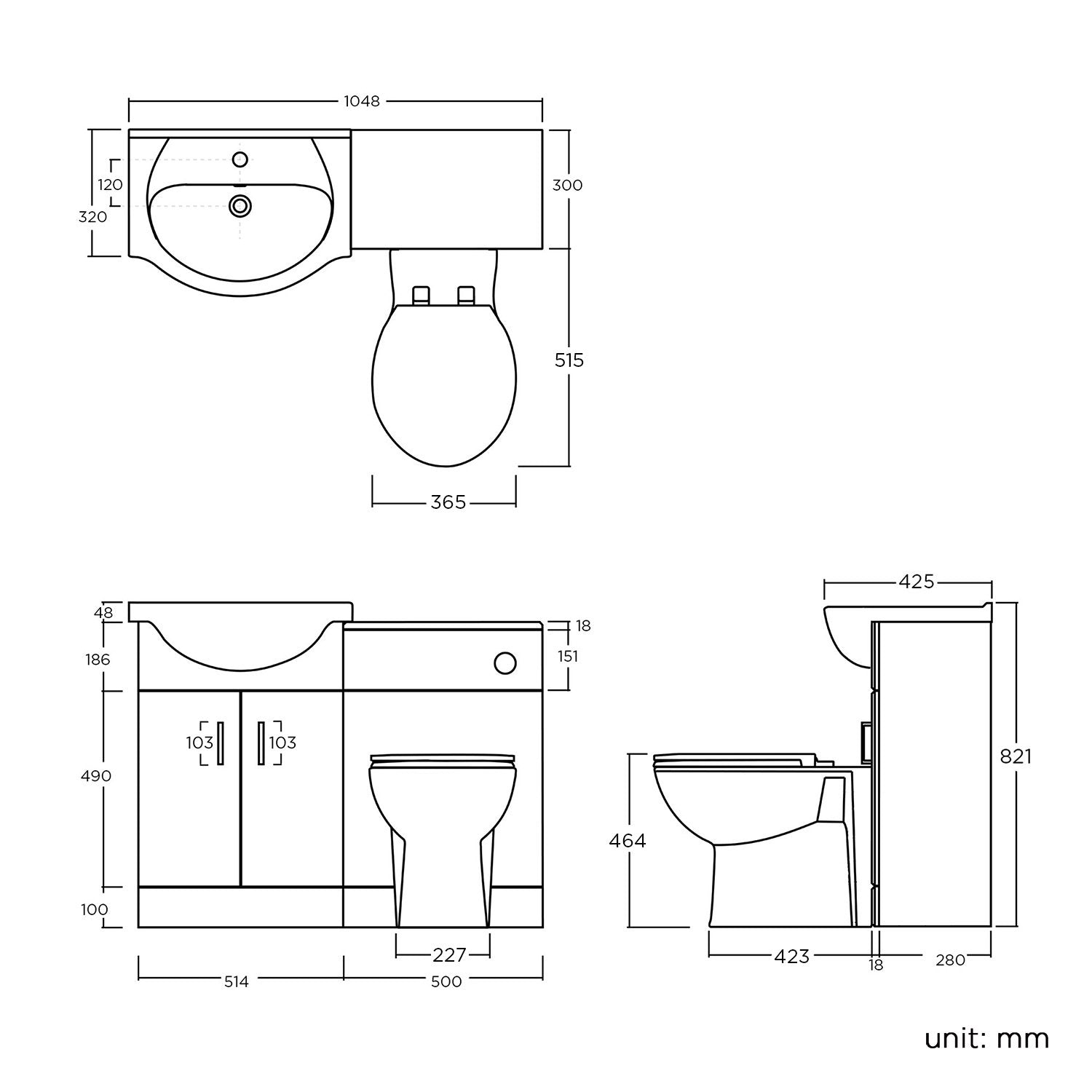 1048mm White Gloss Vanity Basin Unit Back to Wall Toilet Furniture Set