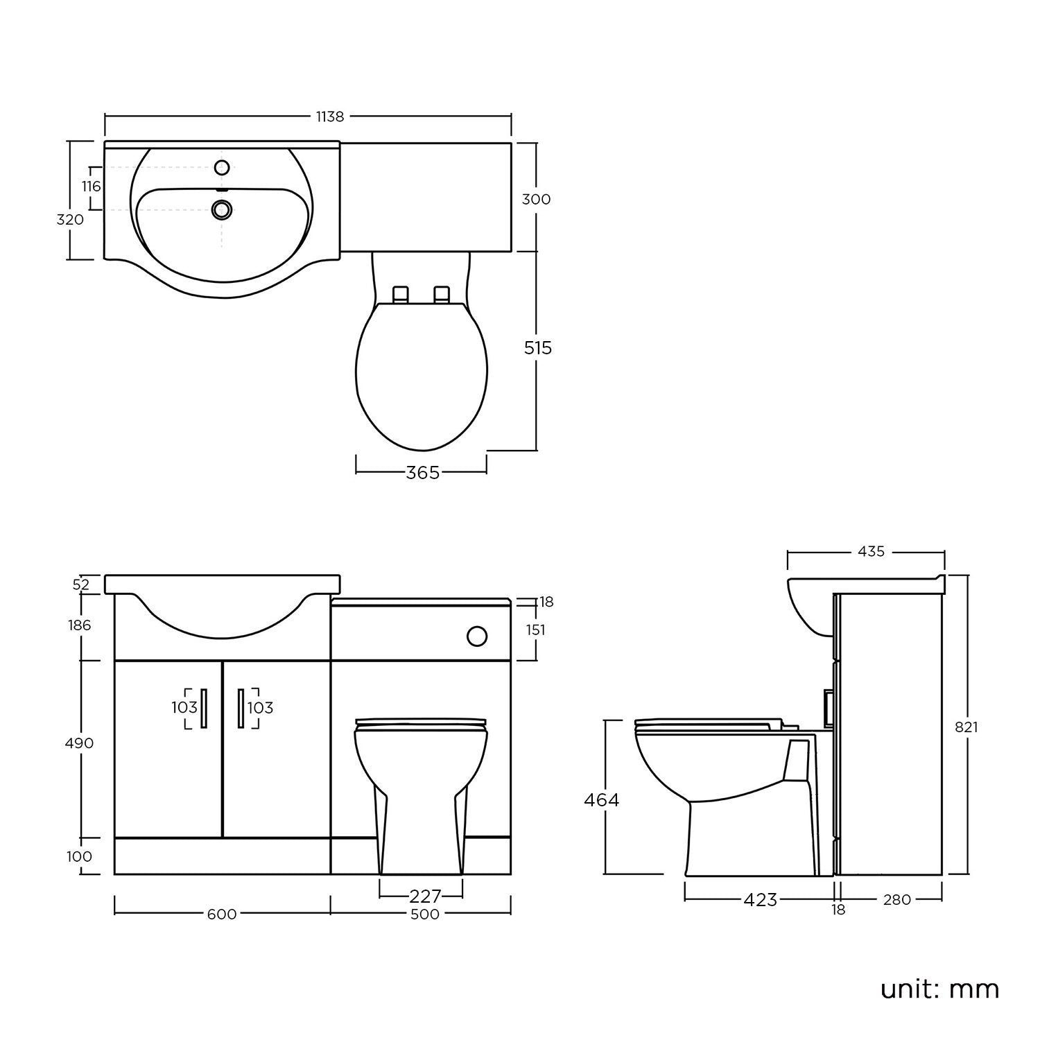 1138mm White Gloss Vanity Basin Unit + Back to Wall Toilet Furniture Set