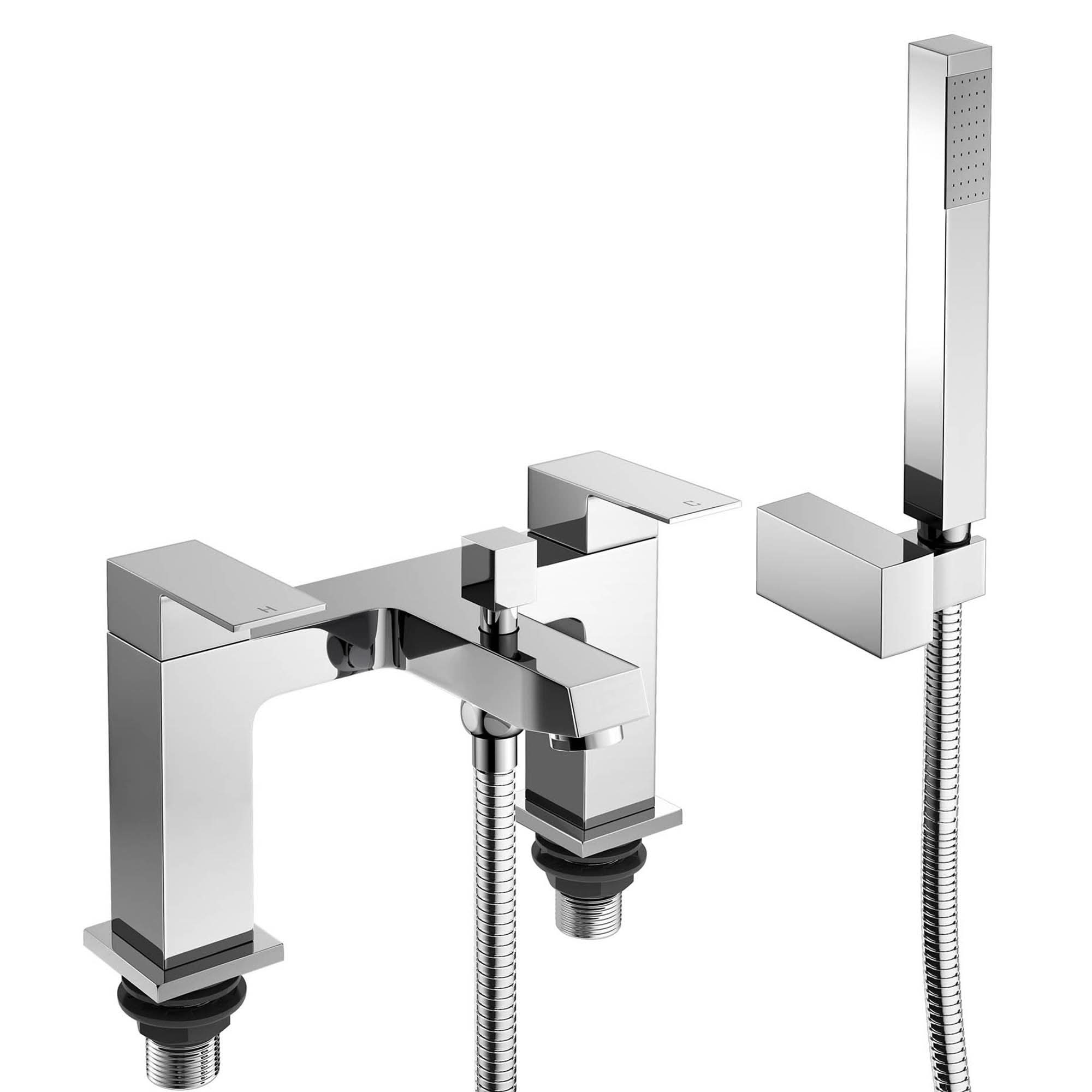 iBathUK Talrix Bath Filler Mixer Tap & Hand-Held Shower Head Set, Deck-Mounted Dual-Lever Bath Tap with Handset, Bathroom Filler Taps, Chrome