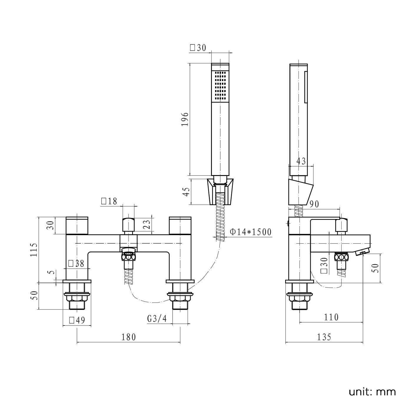 iBathUK Talrix Bath Filler Mixer Tap & Hand-Held Shower Head Set, Deck-Mounted Dual-Lever Bath Tap with Handset, Bathroom Filler Taps, Chrome