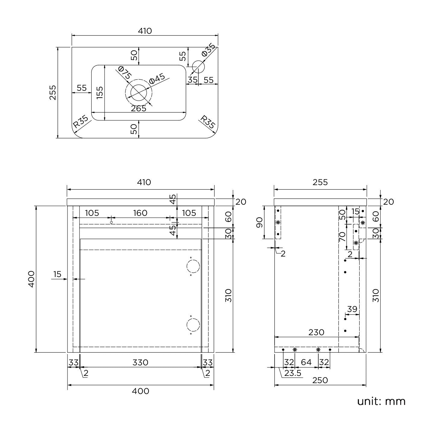 Denver 400 Wall Hung Cloakroom Unit & basin Right Hand - Grey
