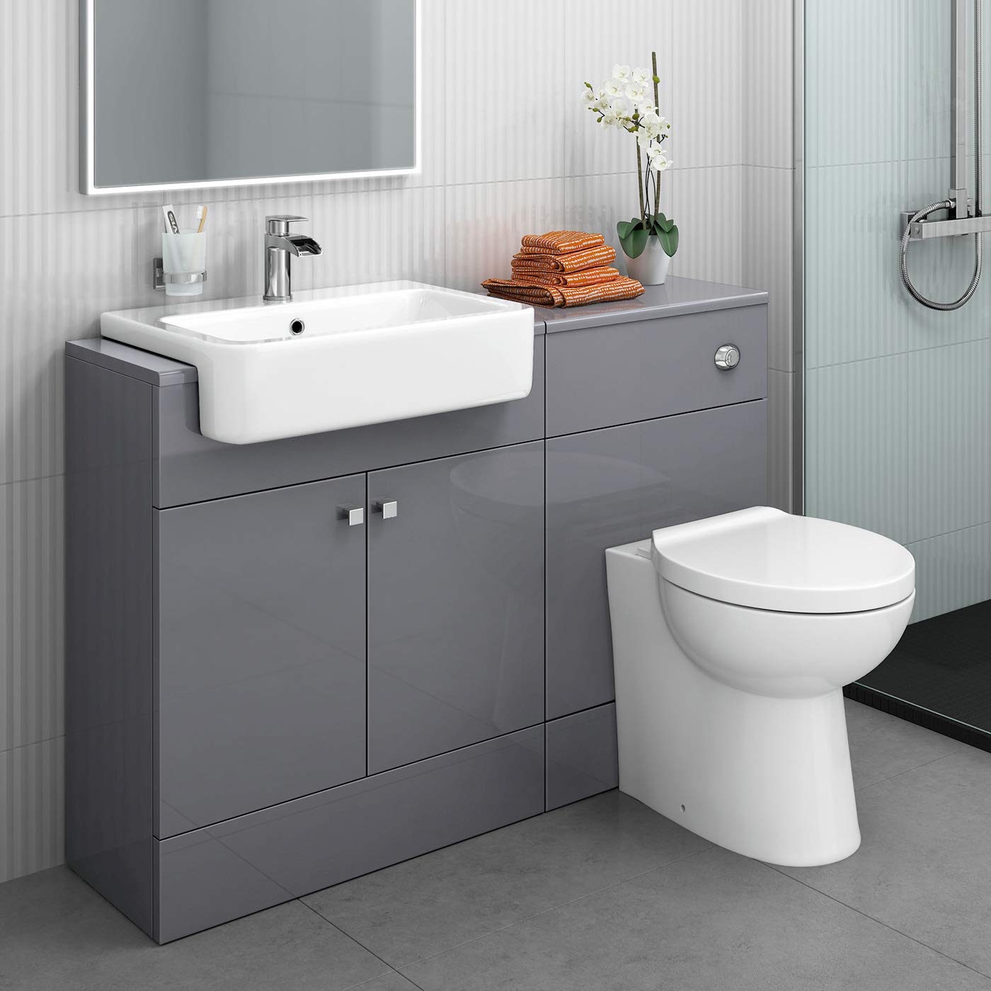 1160mm Harper Gloss Grey Combined Vanity Unit - Quartz Pan