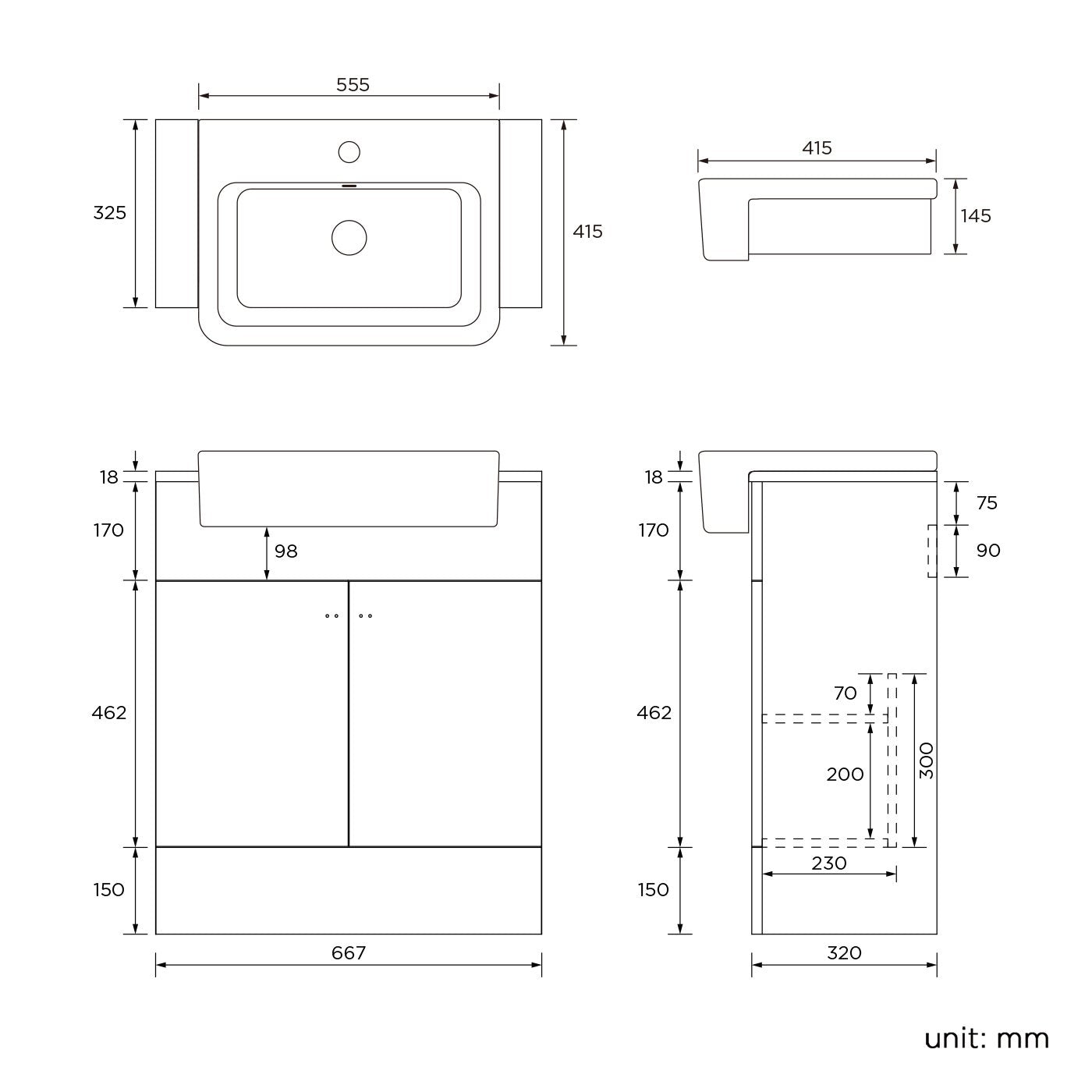 660 mm Grey Vanity Sink Unit Ceramic Basin Bathroom Door Storage Furniture