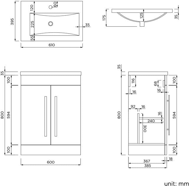 AVON 600 FS CABINET W/DOOR WITH HANDLES HG GREY & SLIM BASIN