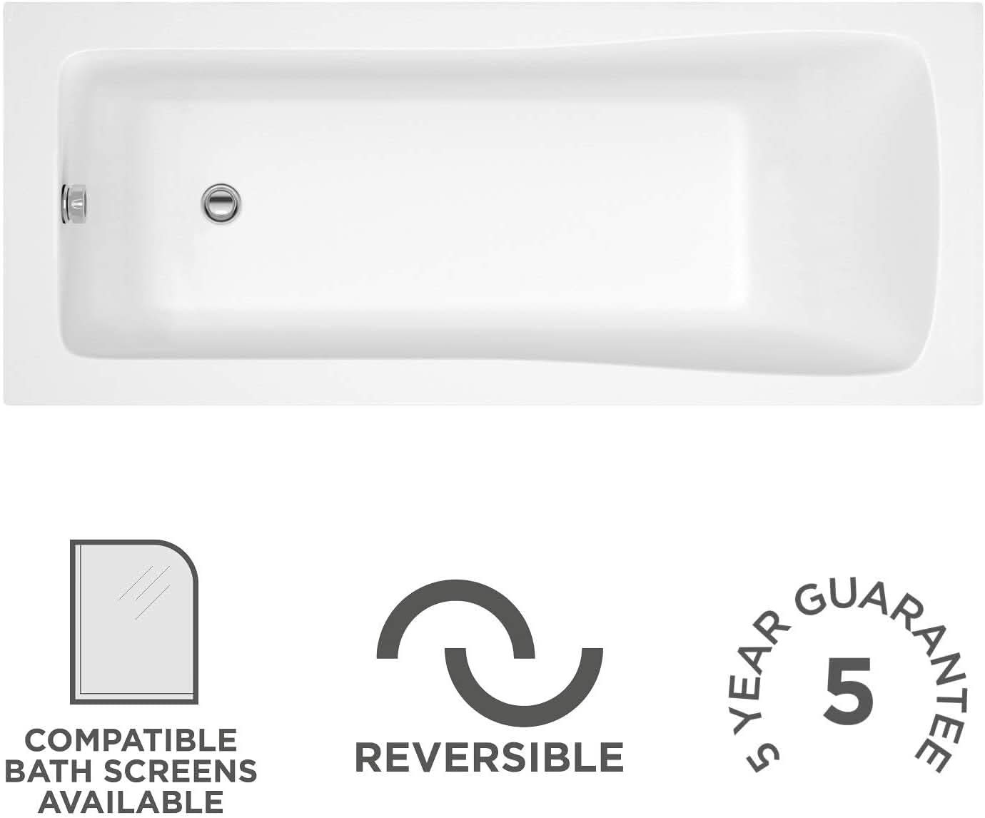 iBathUK Arvon Single Ended Rectangular Acrylic Bathtub with Adjustable Feet, Modern White Gloss Bathroom Tub, 1700 x 750mm