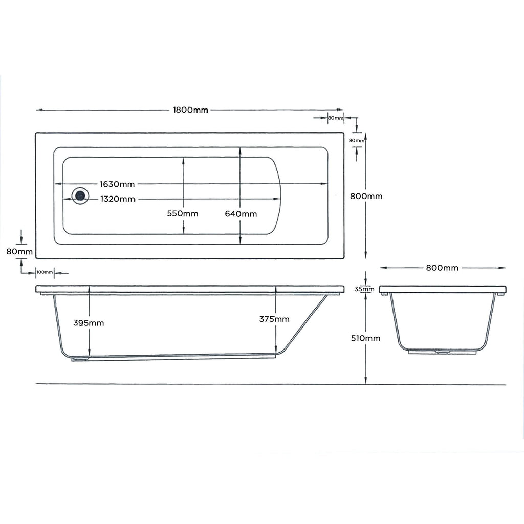 iBathUK Arvon Large Designer Single Ended Rectangular Acrylic Bathtub with Adjustable Feet, White Gloss Bathroom Tub, 1800 x 800mm