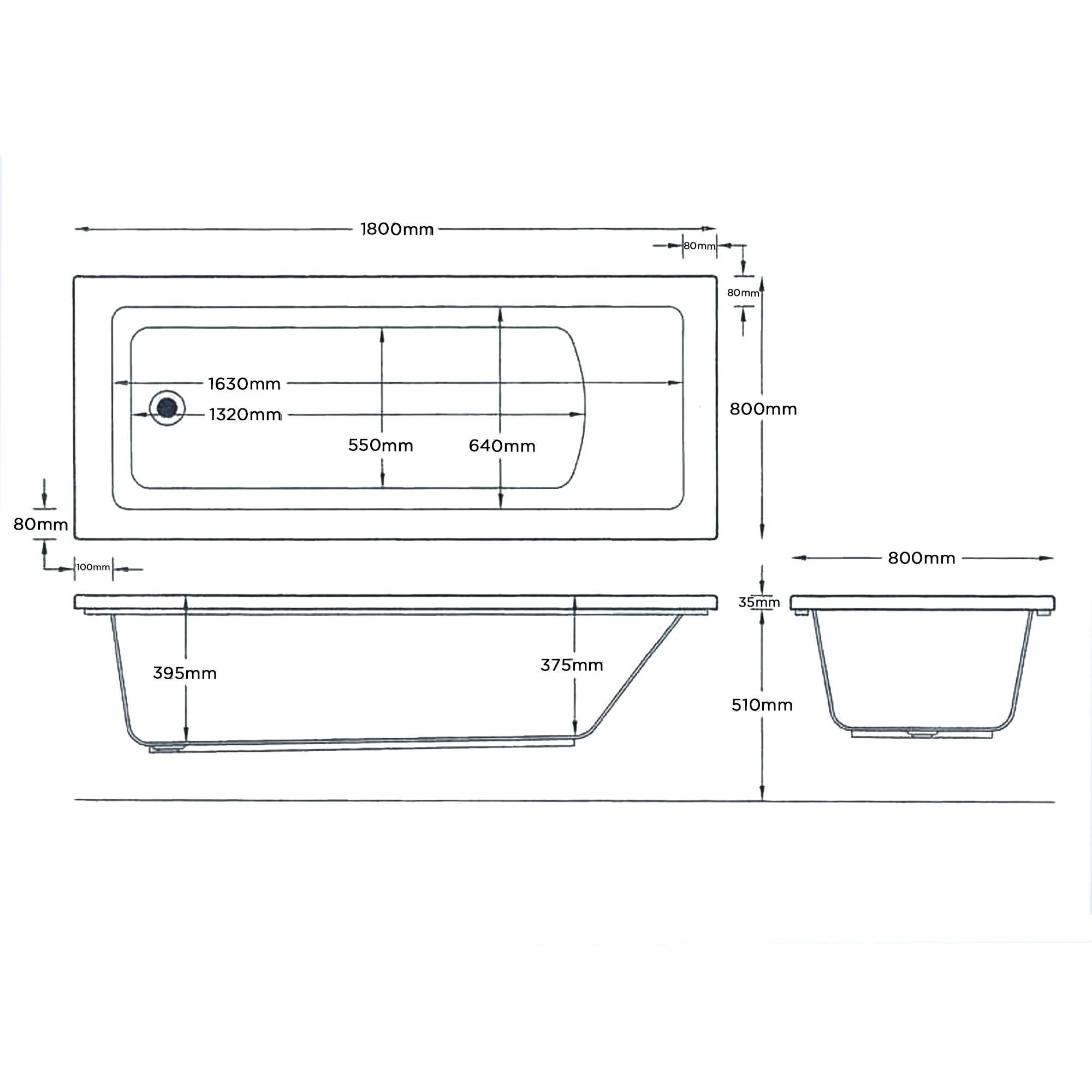 iBathUK Arvon Large Designer Single Ended Rectangular Acrylic Bathtub with Adjustable Feet, White Gloss Bathroom Tub, 1800 x 800mm
